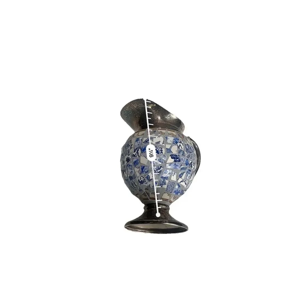 silver plated pique assiette mosaic Ceramic Tile footed pitcher Handmade Decor